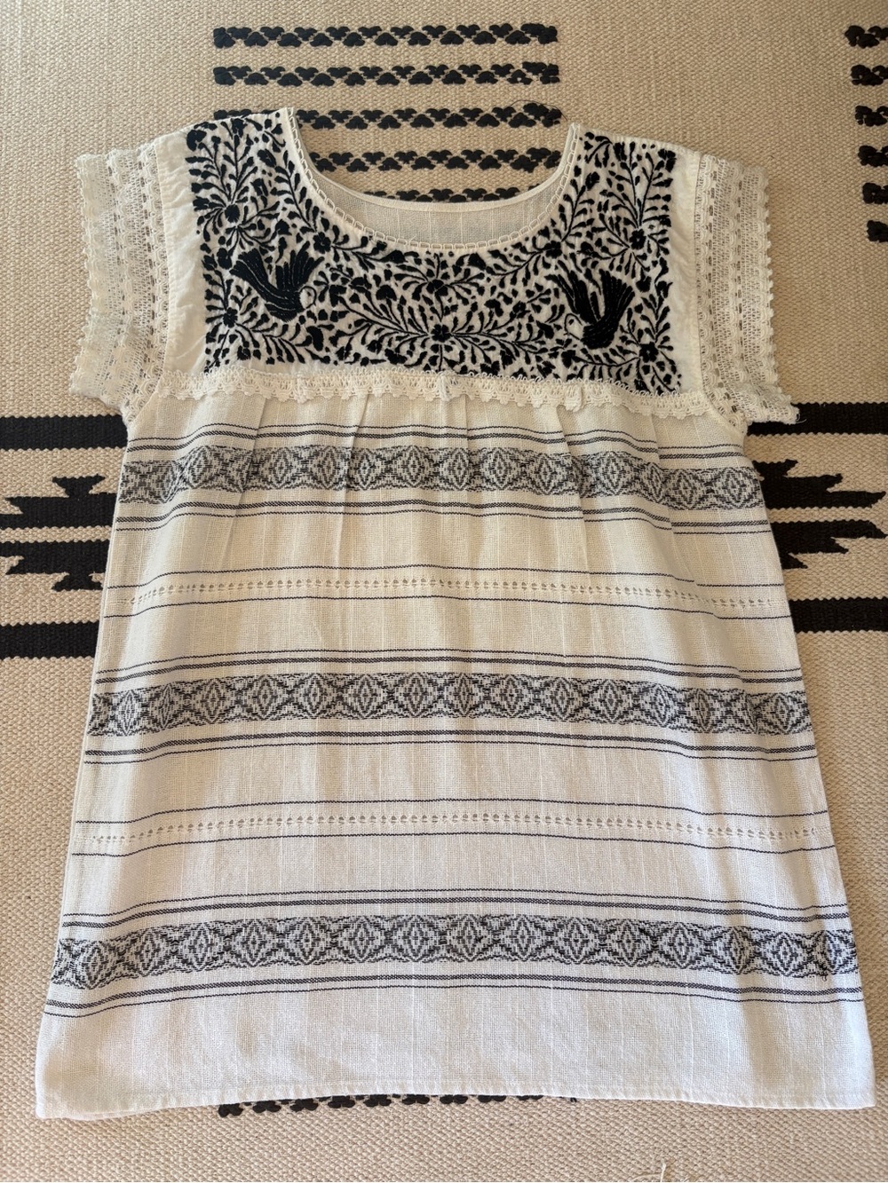 Embroidered Mexican Boho Cotton Tunic - Black & Cream